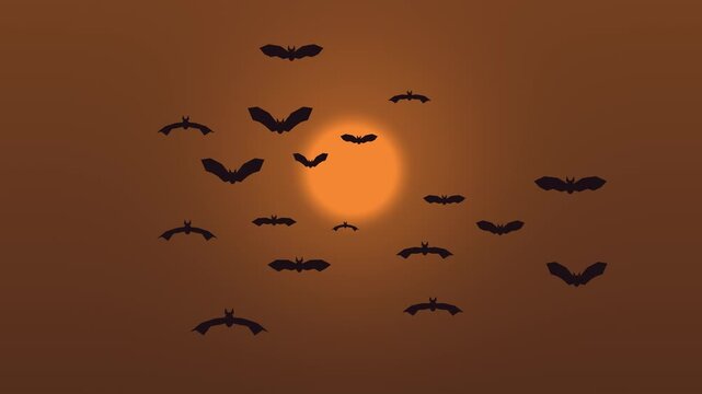 Halloween background of swirling vortex of flying bats, seamless loop in orange and black