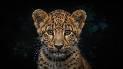 Young leopard cub with golden fur and blue eyes looking directly at the camera. Wild animal portrait with dark background. © Lasvu