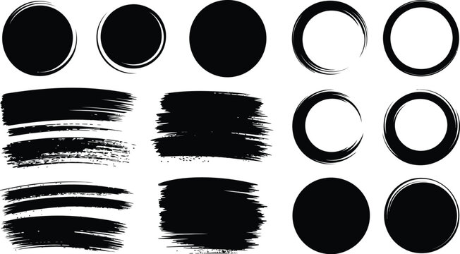 Abstract black ink brush collection displaying round circular frames textured stroke banners and painted elements for artistic design layouts.