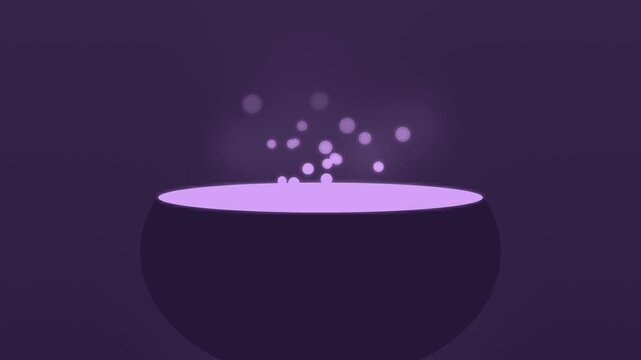 Halloween background of witch cauldron with glowing bubbling brew, seamless loop in soft lavender