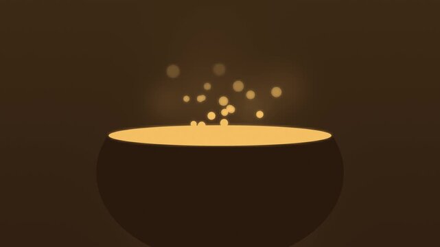 Halloween background of witch cauldron with glowing bubbling brew, seamless loop in golden amber