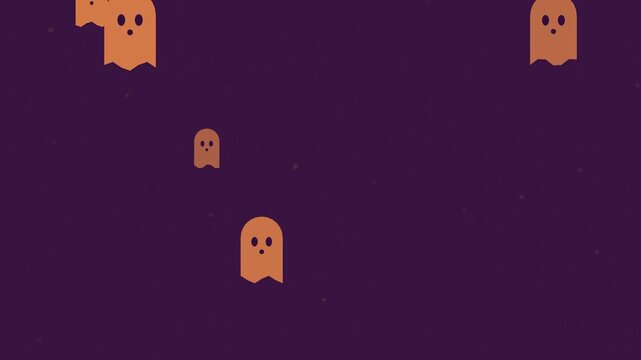 Halloween background of cute ghosts floating upward, seamless loop in purple and orange twilight