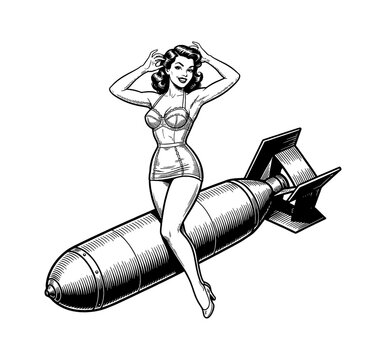 Pinup woman posing smiling playfully on top of a bomb in vintage line art drawing style with confident expression