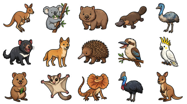 Set of cute australian wild animals including kangaroo koala wombat platypus emu dingo echidna kookaburra cockatoo quokka sugar glider frilled neck lizard and cassowary isolated cartoon illustrations