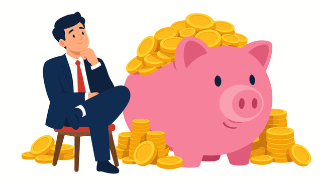 Confident businessman in navy suit contemplates wealth beside colossal pink piggy bank overflowing with golden coins and stacks of money in prosperous financial success scene