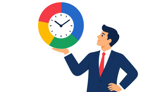 Professional businessman balancing colorful pie chart with clock face on palm, time management and business analytics concept, bold flat design illustration