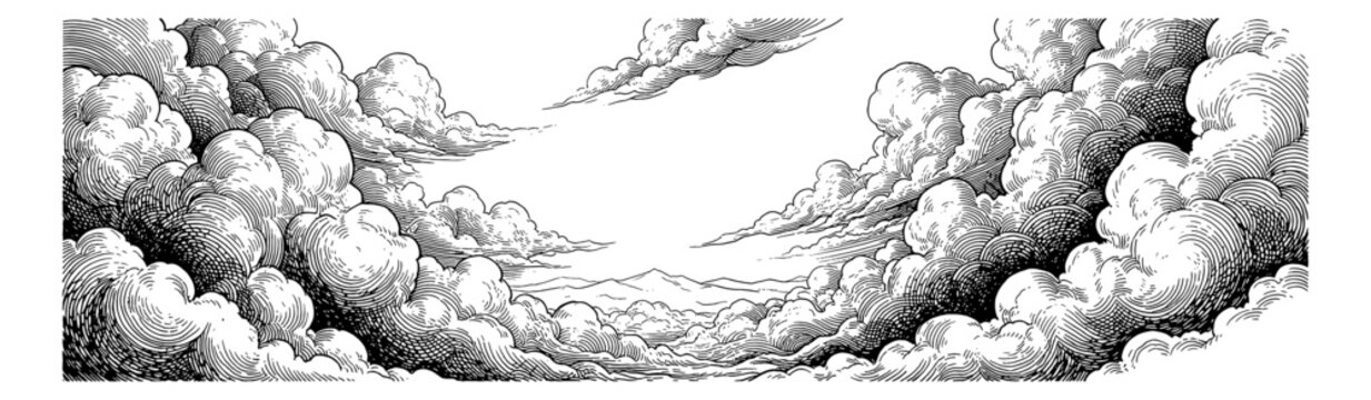 Dynamic sky full of billowing clouds with mountains visible on the horizon in vintage engraved style
