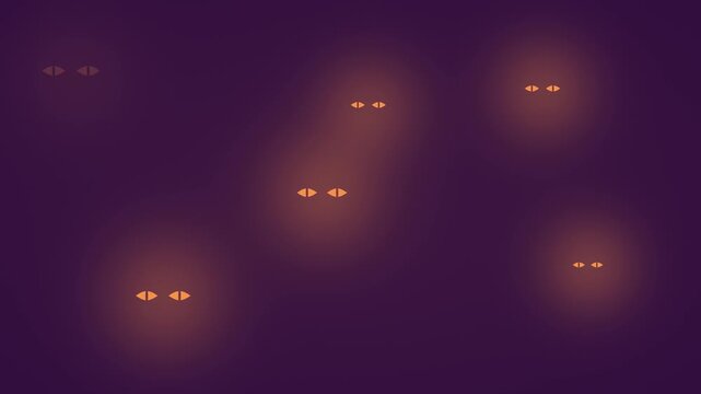 Halloween background of glowing eyes blinking in the dark, seamless loop in purple and orange twilight