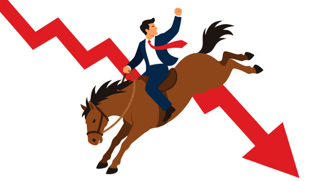 Determined businessman investor riding bucking bronco horse against plummeting red downward arrow stock market crash chart, bold flat vector illustration of financial risk and market volatility