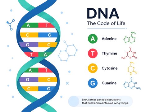 Modern DNA Strand Surrounded by Genetic Code Icons on White Background