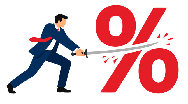 Determined businessman wielding sword slicing through giant red percentage sign, bold flat design illustration symbolizing financial reduction and cost-cutting strategy on white background