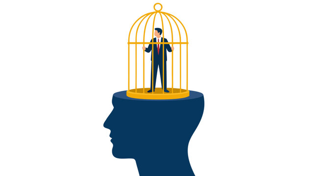 Businessman trapped in golden birdcage atop human head silhouette symbolizing mental constraints, limited freedom, and psychological imprisonment in corporate mindset