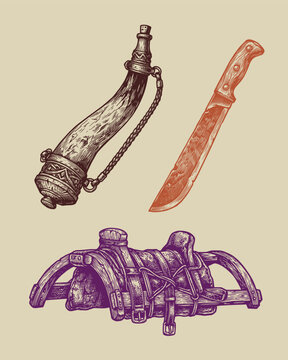 rough outdoor frontier equipment, heavy machete, pack saddle and powder horn, rustic wild west woodcut engraving