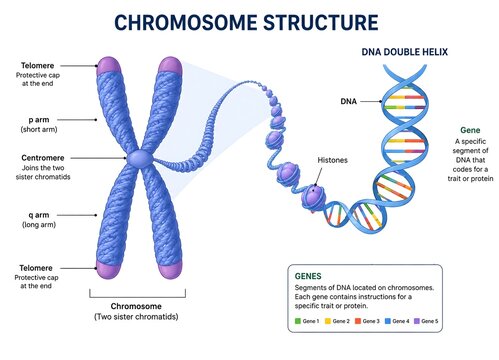 Chromosome Structure Labeled with Genes and DNA Flat Vector Illustration