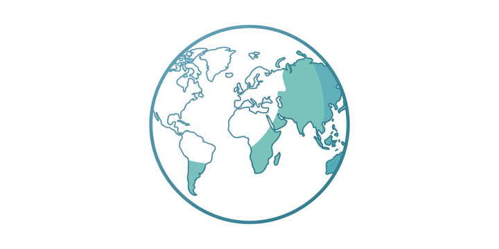 Minimalist outline illustration of the world globe with selective turquoise color fill.