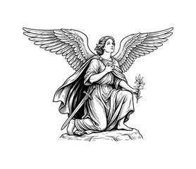 Obraz premium Serene Caucasian Angel Kneeling with Wings Holding a Lily and Sword Looking Upward with Devout Expression