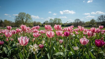 Obraz premium Field of pink tulips with trees, blue sky, and clouds in the background.