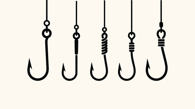 Fishing hook collection vector icons with different knots and shank styles for professional angling and fishing design.