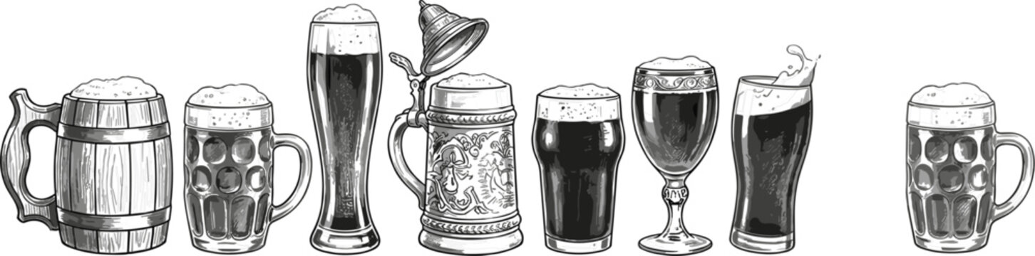 Vintage hand drawn vector set of traditional international beer glassware ceramic steins wooden mugs and pint glasses
