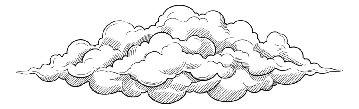 Detailed hand drawn cloud formation with cumulus shapes in vintage engraved line art style