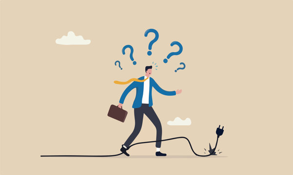 Failure or mistake, accident or surprise problem that impact business concept, clumsy businessman stumble with power cable electric plug falling on the floor