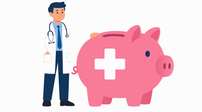 Vector illustration of a professional male doctor in a white lab coat standing next to a large pink piggy bank featuring a white medical cross symbol, representing healthcare savings and medical