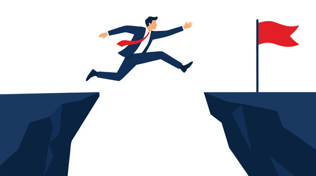 A determined businessman in a blue suit leaps across a wide cliff gap to reach a red flag, symbolizing overcoming obstacles, taking risks, and achieving ambitious business goals through bold action