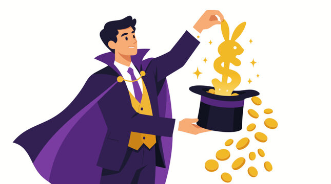 A magician businessman in a purple cape pulls a golden dollar sign rabbit from a top hat while coins spill out, symbolizing financial magic, wealth creation, and successful business growth in a flat