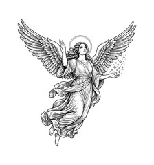 Obraz premium Graceful Angel Woman Flying Serene with Sparkling Stars and Halo in Vintage Line Art Drawing Style