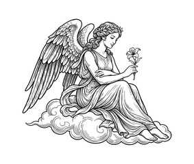 Obraz premium Beautiful Angelic Woman Sitting Gracefully on Clouds Holding a Lily Flower with Large Wings Serene and Peaceful Expression Wearing a Wreath