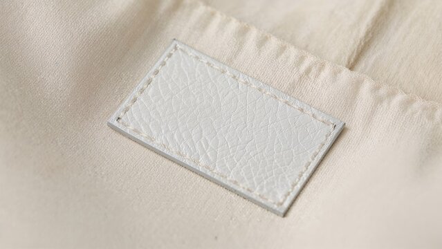 A close-up of a white textured leather label sewn onto light beige fabric.