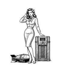 Naklejka premium Beautiful Caucasian pinup woman posing confidently by a vintage radio with a bomb on the ground engrave
