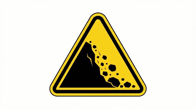 Yellow triangular road sign warning drivers about falling rocks and potential landslides on the road featuring bold black graphic icons set against a bright background