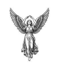 Obraz premium Elegant Angelic Woman with Spread Wings and Flowing Gown Raising Arms Upwards in a Serene Pose