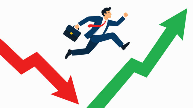 Determined businessman investor leaping from declining red arrow to rising green arrow, symbolizing financial recovery, market turnaround, and business growth opportunity with briefcase