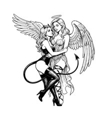 Obraz premium Seductive Caucasian angel and devil women embracing with wings halo horns and tail detailed illustration