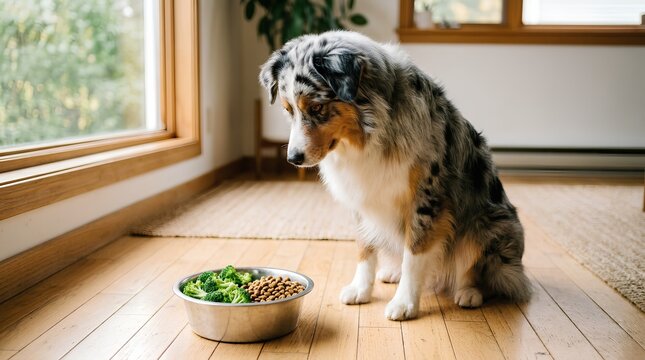 A beautiful fluffy Australian Shepherd dog with a striking merle coat sitting patiently on a light hardwood floor, looking down at a metal bowl filled with healthy dry kibble and fresh green broccoli.