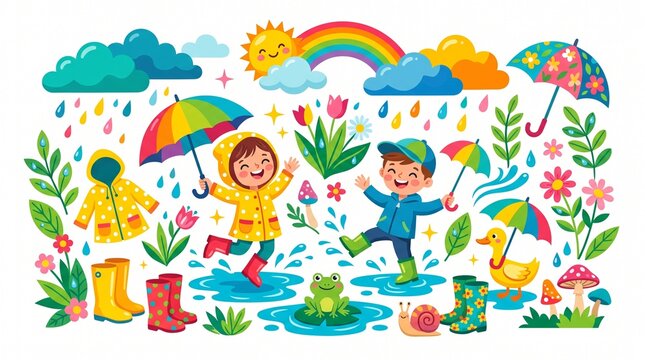 Colorful illustrations of rainy‑weather elements and accessories symbolizing resilience, renewal, and playfulness in cheerful cartoon design.