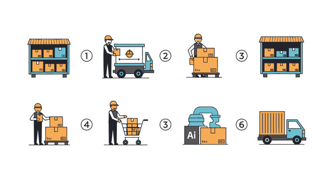 Logistics Process Infographic: Warehousing, Shipping, Delivery, and Automation Steps