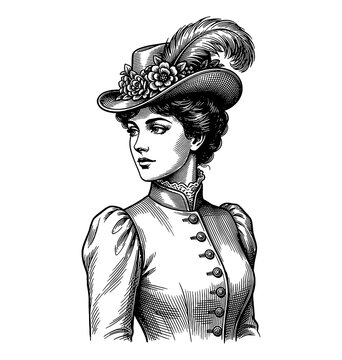 Victorian Woman in Ornate Feathered Hat with Flowers Looking Thoughtful Side Profile Engraving Art