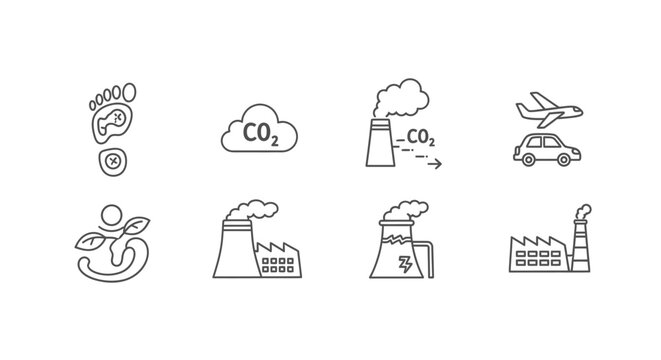 Environmental Impact Icons: Carbon Footprint, CO2 Emissions, Factories, Recycling, Airplane, Car