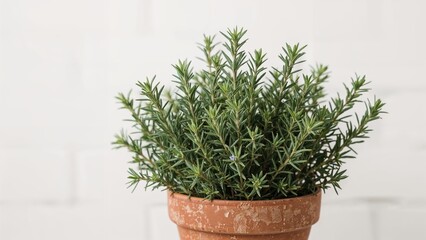 Fototapeta premium A potted rosemary plant in a terracotta container against a white background.