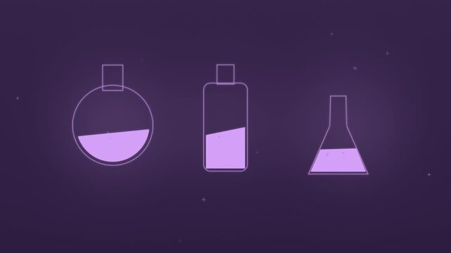 Halloween background of magic potion bottles with rising bubbles, seamless loop in soft lavender
