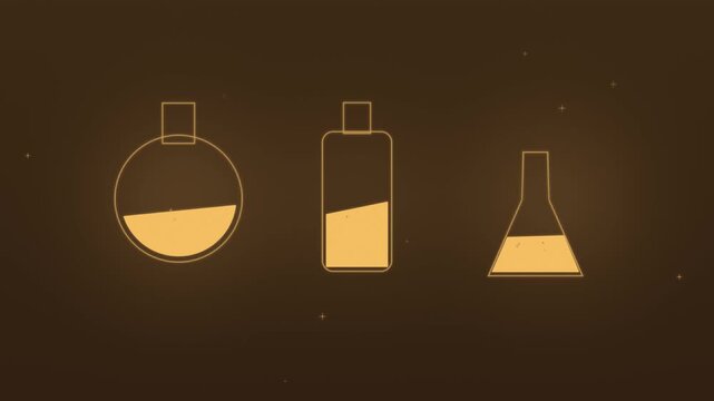 Halloween background of magic potion bottles with rising bubbles, seamless loop in golden amber