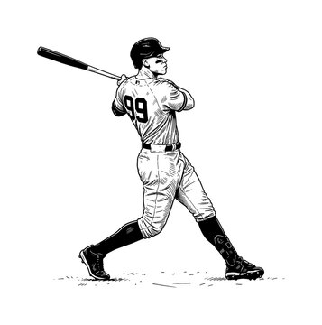 Male baseball player swinging bat with power and focus on the field in a striking black and white line art illustration