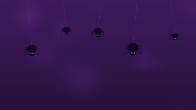 Halloween background of cute spiders dangling on threads, seamless loop in purple and black