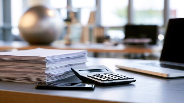 A stack of papers and a calculator on a desk in an office setting.