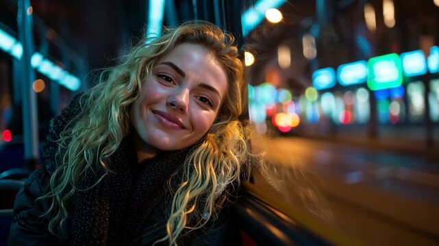 Happy woman leaning head on bus window during night journey. Love and peace concept video