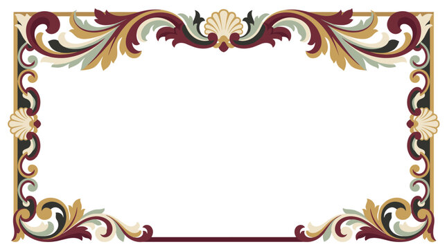 Vintage rectangular decorative frame with ornate acanthus leaves and shell motifs, elegant scrollwork border for wedding invitations or diplomas