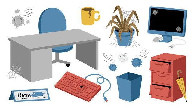 Set of messy office supplies with dusty furniture, neglected workspace, broken electronics, abandoned work environment, cluttered desk, disarray